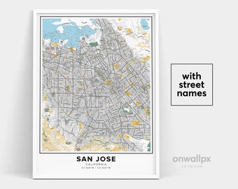 Impression de carte de San Jose, impression de noms de rues de San Jose, carte imprimable de San Jose, art de carte de ville, art de carte de San Jose en Californie, affiche de cadeau de voyage