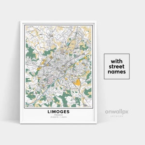 Impressão de mapa de Limoges, impressão de nomes de ruas de Limoges, mapa imprimível de Limoges, arte de mapa de cidade, arte de mapa de Limoges França, pôster de presente de viagem