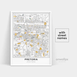 Impressão de mapa de Pretória, nomes de ruas Impressão de Pretória, mapa imprimível de Pretória, arte do mapa da cidade, arte de mapa de Pretória África do Sul, pôster de presente de viagem