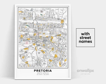 Carte de Pretoria avec noms de rues, art urbain d'Afrique du Sud