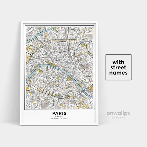 Paris Map Print, Street Names Paris Print, Printable Map Of Paris, City Map Art, Paris France Map Art, Travel Gift Poster