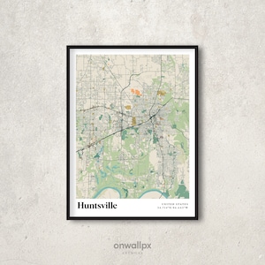 Poster impression carte Huntsville, décor carte Huntsville rétro, art cadeau Huntsville vintage, carte rétro de la ville de Huntsville en Alabama, décoration murale
