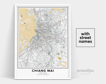 Chiang Mai Thailand Map Print With Street Names, City Wall Art, Travel Gift Poster