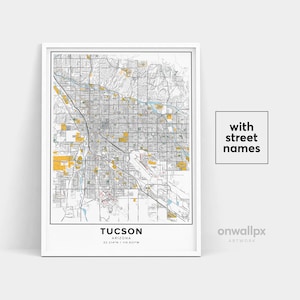 Impressão de mapa de Tucson, impressão de nomes de ruas de Tucson, mapa imprimível de Tucson, arte de mapa de cidade, arte de mapa de Tucson Arizona, pôster de presente de viagem