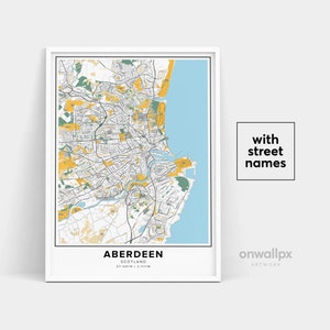 Impressão de mapa de Aberdeen, impressão de nomes de ruas Aberdeen, mapa para impressão de Aberdeen, arte do mapa da cidade, arte do mapa de Aberdeen Escócia, pôster de presente de viagem