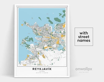 Reykjavik Karte Druck, Straßennamen Reykjavik Druck, druckbare Karte von Reykjavik, Stadt Karte Kunst, Reykjavik Island Karte Kunst, Reise Geschenk Poster