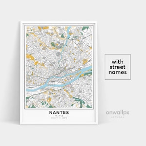 Impressão de mapa de Nantes, nomes de ruas Impressão de Nantes, mapa imprimível de Nantes, arte do mapa da cidade, arte do mapa de Nantes França, pôster de presente de viagem