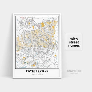 Impression de carte de Fayetteville, impression de noms de rues de Fayetteville, carte imprimable de Fayetteville, art de carte de ville, art de carte de Fayetteville NC, affiche de cadeau
