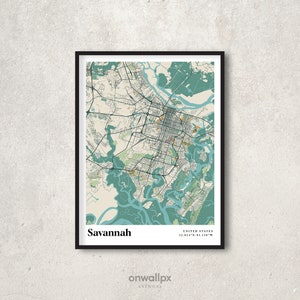 Impression de carte de la savane, affiche de carte de la savane rétro, art de la carte des rues de la savane vintage, carte cadeau Savannah en Géorgie, décoration murale de la savane, RC106