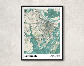 Savannah Print Map, Retro Savannah Map Poster, Vintage Savannah Street Map Art, Gift Map Savannah Georgia, Savannah Wall Decor