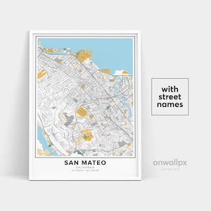 San Mateo Map Print, Street Names San Mateo Print, Carte imprimable de San Mateo City Map Art, San Mateo California Map Art, Affiche cadeau de voyage