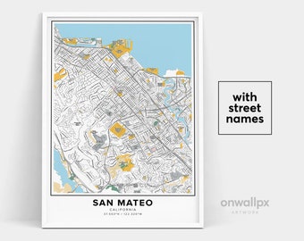 Impresión de mapas de San Mateo, nombres de calles Impresión de San Mateo, Mapa imprimible del arte del mapa de la ciudad de San Mateo, Arte del mapa de California de San Mateo, Cartel de regalo de viaje