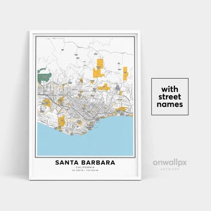 Impressão de mapa de Santa Bárbara, nomes de ruas Impressão de Santa Bárbara, arte do mapa da cidade de Santa Bárbara, arte do mapa de Santa Bárbara Califórnia, pôster de presente de viagem