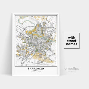 Impression de carte de Saragosse, impression de noms de rues de Saragosse, carte imprimable de Saragosse, art de carte de ville, art de carte de Saragosse, Espagne, cadeau de voyage