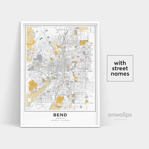 Impressão de mapa de Bend, impressão de nomes de ruas de Bend, mapa imprimível de Bend, arte de mapa de cidade, arte de mapa de Bend Oregon, pôster de presente de viagem