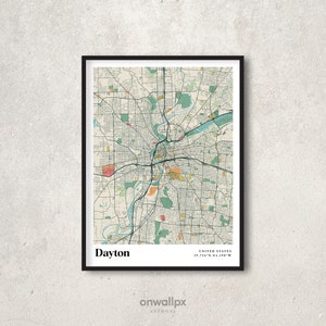 Dayton Map Print Poster, Retro Dayton Map Decor, vintage Dayton Gift Wall Art, Retro Map Dayton Ohio Interior Wall Decor, RC93