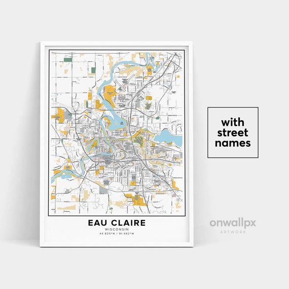 Eau Claire Map Print Street Names Eau Claire Print Map of Etsy