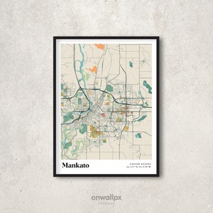 Impression d'affiche de carte Mankato, décoration de carte Mankato rétro, carte-cadeau Mankato vintage, carte rétro de Mankato au Minnesota, art mural intérieur