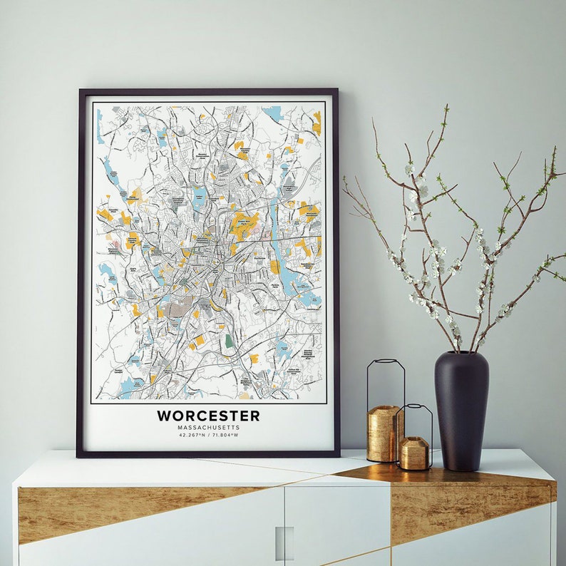 Worcester Map Print Street Names Worcester Print Printable - Etsy