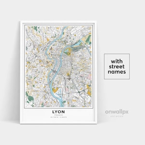 Impressão de mapa de Lyon, impressão de nomes de ruas de Lyon, mapa de Lyon para impressão, arte de mapa da cidade, arte de mapa de Lyon, França, pôster de presente de viagem