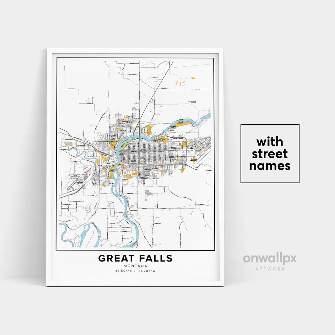 Great Falls Map Print, Street Names Great Falls Print, Map of Great