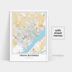 Impression de carte de Trois-Rivières, Noms de rue Impression de Trois-Rivières, Art de la carte de la ville de Trois-Rivières, Art de la carte de Trois-Rivières Québec, Affiche cadeau de voyage