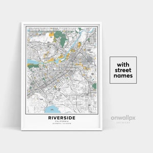 Impressão de mapa de Riverside, impressão de nomes de ruas de Riverside, mapa imprimível de Riverside, arte de mapa de cidade, arte de mapa de Riverside Califórnia, pôster de presente de viagem