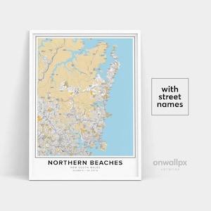 Nördliche Strände Karte Druck, Straßennamen Nördliche Strände Karte Kunst, Nördliche Strände New South Wales Karte Kunst, Reisegeschenk Poster