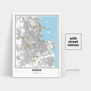 Impressão do mapa de Doha, nomes de ruas Impressão de Doha, mapa imprimível de Doha, arte do mapa da cidade, arte do mapa de Doha Qatar, pôster de presente de viagem