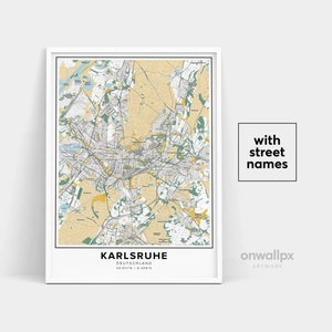 Impressão de mapa de Karlsruhe, impressão de nomes de ruas Karlsruhe, mapa para impressão de Karlsruhe, arte do mapa da cidade, arte do mapa de Karlsruhe Alemanha, pôster de presente de viagem