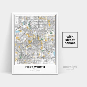 Impressão de mapa de Fort Worth, nomes de ruas Impressão de Fort Worth, mapa para impressão de Fort Worth, arte do mapa da cidade, arte do mapa de Fort Worth Texas, pôster de presente de viagem
