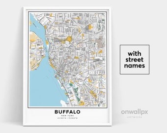 Impression de carte de Buffalo, impression de noms de rues de Buffalo, carte imprimable de Buffalo, art de carte de ville, art de carte de Buffalo de New York, affiche de cadeau de voyage