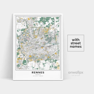 Impressão de mapa de Rennes, impressão de nomes de ruas de Rennes, mapa de Rennes para impressão, arte de mapa da cidade, arte de mapa de Rennes, França, pôster de presente de viagem