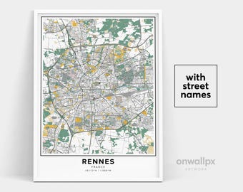 Impression de carte de Rennes, impression de Rennes de noms de rue, carte imprimable de Rennes, art de carte de ville, art de carte de Rennes France, cadeau de voyage affiche