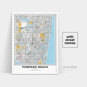 Pompano Beach kaart print, straatnamen Pompano Beach print, kaart van Pompano Beach stadskaart kunst, Pompano Beach kaart Florida, reiscadeau poster