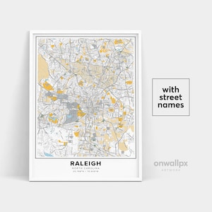 Impressão de mapa de Raleigh, impressão de nomes de ruas Raleigh, mapa para impressão de Raleigh, arte do mapa da cidade, arte do mapa de Raleigh Carolina do Norte, pôster de presente de viagem