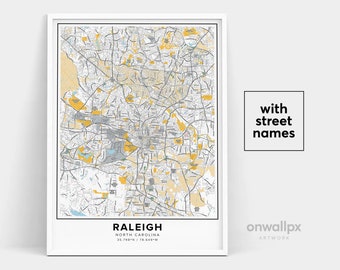 Raleigh North Carolina Map Print With Street Names, City Wall Art, Travel Gift Poster