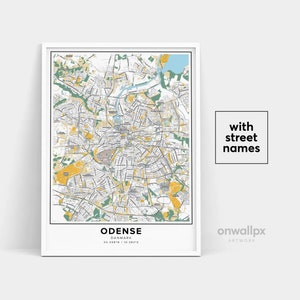 Impressão de mapa de Odense, nomes de ruas Impressão de Odense, mapa imprimível de Odense, arte do mapa da cidade, arte do mapa de Odense Dinamarca, pôster de presente de viagem