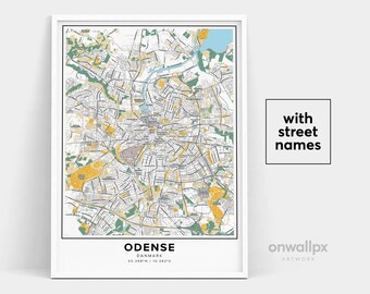 Odense Map Print, Denmark City Map Art, Street Names (Giclée)