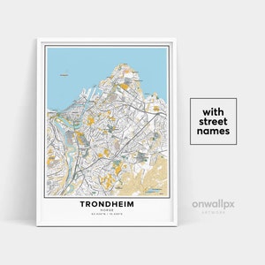 Impressão de mapa de Trondheim, impressão de nomes de ruas Trondheim, mapa imprimível de Trondheim, arte do mapa da cidade, arte do mapa de Trondheim Noruega, pôster de presente de viagem