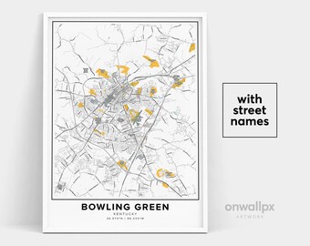 Bowling Green Kentucky Map Print With Street Names, City Wall Art, Travel Gift Poster