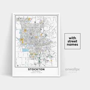Impressão de mapa de Stockton, nomes de ruas Impressão de Stockton, mapa para impressão de Stockton, arte do mapa da cidade, arte do mapa de Stockton Califórnia, pôster de presente de viagem