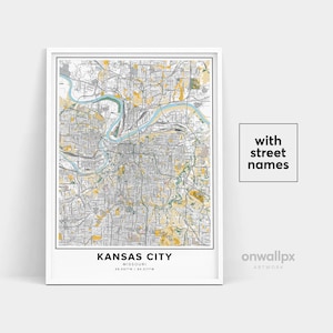 Impressão de mapa de Kansas City, impressão de nomes de ruas de Kansas City, mapa de Kansas City, arte de mapa da cidade, arte de mapa de Kansas City Missouri, pôster de presente de viagem