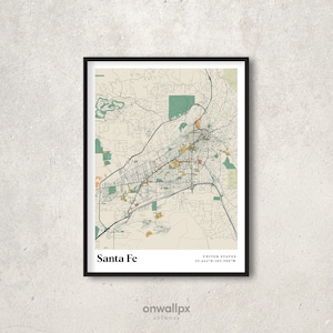 Santa Fe Print Map, Retro Santa Fe Map Poster, Vintage Santa Fe Streets Map Art, Santa Fe New Mexico Gift Map, Santa Fe Wall Decor