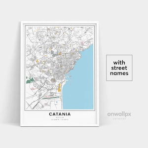 Impressão de mapa de Catania, impressão de nomes de ruas de Catania, mapa imprimível de Catania, Itália, arte de mapa da cidade, arte de mapa de Catania, Sicília, pôster de presente de viagem