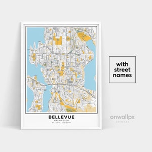 Bellevue Map Print, Noms de rue Bellevue Print, Carte imprimable de Bellevue, City Map Art, Bellevue Washington Map Art, Affiche cadeau de voyage