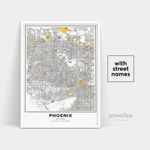 Impressão de mapa de Phoenix, impressão de nomes de ruas de Phoenix, mapa imprimível de Phoenix, arte de mapa de cidade, arte de mapa de Phoenix Arizona, pôster de presente de viagem