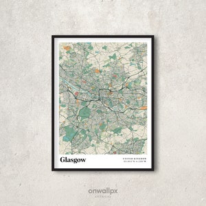 Glasgow Print Map, Retro Glasgow Map Poster, vintage Glasgow Street Map Art, Carte cadeau de Glasgow Écosse, Glasgow Wall Decor, RC110