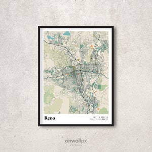 Reno Map Print Poster, Retro Reno Map Decor, vintage Reno Gift Wall Art, Retro Map Reno Nevada Interior Wall Decor, RC46