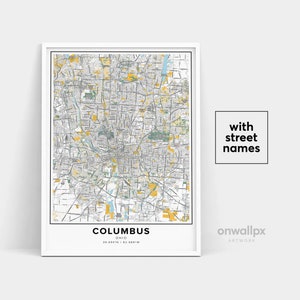Impressão de mapa de Columbus, impressão de nomes de ruas de Columbus, mapa imprimível de Columbus, arte de mapa da cidade, arte de mapa de Columbus Ohio, pôster de presente de viagem